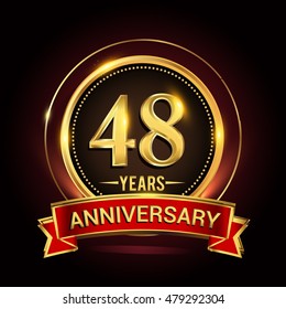 48th golden anniversary logo with ring and red ribbon. Vector design template elements for your birthday celebration.