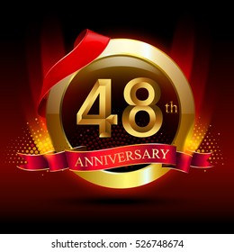 48th golden anniversary logo with ring and red ribbon. Vector design template elements for your birthday celebration.