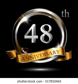 48th silver and gold anniversary logo, vector celebration design with ring and ribbon.