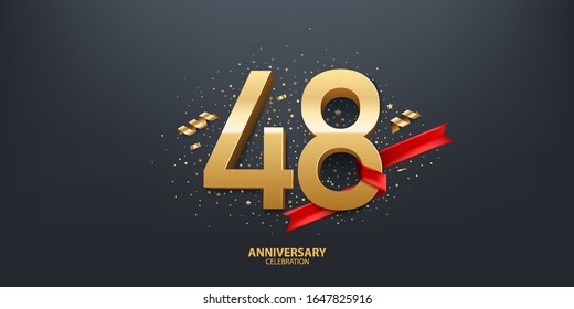 Antecedentes de la celebración del 48º aniversario. Número de oro 3D envuelto con cinta roja y confeti en fondo negro.