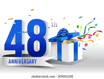 48th years anniversary background with ribbon, confetti and gift on white. Poster or brochure template. Vector illustration.