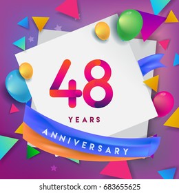 48th Years Anniversary Celebration Design, balloons and ribbon, Colorful design elements for banner, invitation, greeting card your forty eight birthday celebration party.