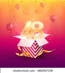 48th years anniversary vector design element. Isolated Forty-eight years jubilee with gift box, balloons and confetti on a colorful background