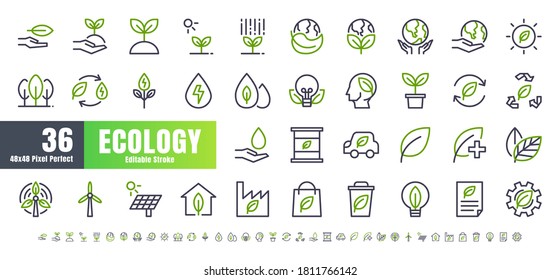  48x48 and 192x192 Pixel Perfect of Ecology and Green Energy Power Bicolor Line Outline Icon Set. Editable Stroke.