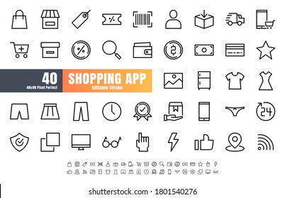 48x48 Pixel Perfect of Ecommerce Online Shopping App User Interface. Such as Shop, Warrnaty, Clothing, Cart, Delivery, Price Tag, E-Wallet. Thin Line Outline Icons Vector. Editable Stroke.