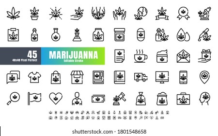 48x48 Pixel Perfect Marijuana or Cannabis Line Outline Icons. Such Icons as Medical, Leaf, Oil, Extract, Sell, Shop, Free, Medicine. Editable Stroke Vector.