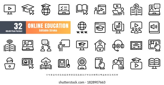 48x48 Pixel Perfect. Online Education Line Outline Icon Set Vector. Editable Stroke.	