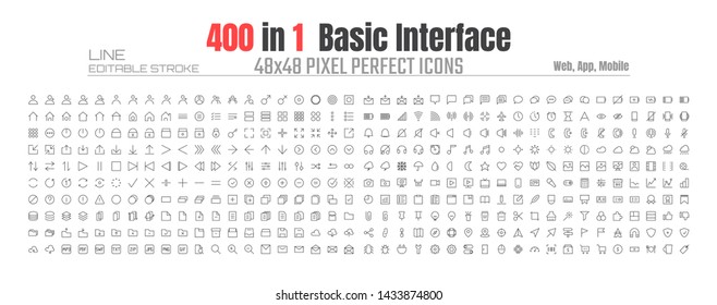 48x48 Pixels Perfect User Interface Basic Simple Set Thin Line Icons. People User Profile, Message, Document file, Call, Music, Camera, Arrow, Chat, Button, Shop, Home, App, Web, etc. Editable Stroke 