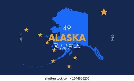 49 of 50 states of the United States with a name, nickname, and date admitted to the Union, Detailed Vector Alaska Map for printing posters, postcards and t-shirts