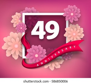 49 anniversary invitation card. Vector invitation card or Anniversary emblems template design. Design with abstract background and elegant frame with ribbon decorated and 3d flowers.