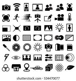 the 49 black silhouette Photographing concern icons are isolated on white black ground.(EPS10 art vector)