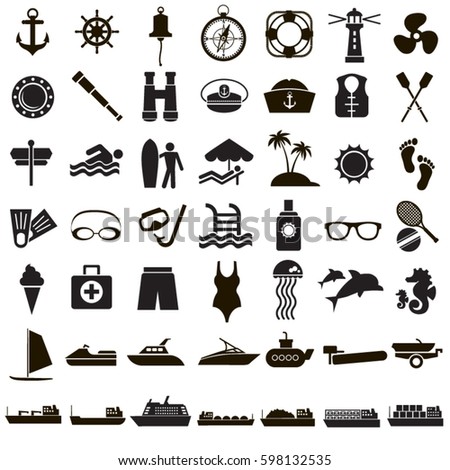 49 black vector icons of sea recreation and water transport