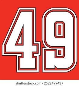 49 Classic Vintage Sport Jersey  Uniform numbers in black with a black outside contour line number on white background for American football, Baseball and Basketball