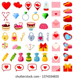 49 colorful cartoon valentine elements. Romantic date invitation decor. Love themed vector illustration for icon, stamp, label, certificate, brochure, gift card, poster or banner decoration