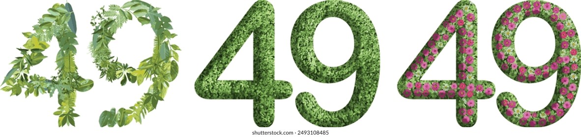 49, design made from green grass, leaves and flower, .suitable for birthday, anniversary and memorial day templates, go green concept	
