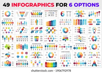 49 different infographics for 6 steps, options. Presentation slide templates. Ready for business, marketing, ecology, medicine or education.