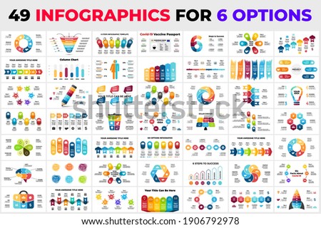 49 different infographics for 6 steps, options. Presentation slide templates. Ready for business, marketing, ecology, medicine or education.