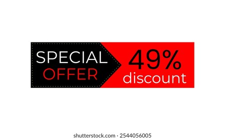 49% discount banner. Black and red banner. Offer tag. Shop promotions, commerce sales. Vector design. Forty nine percent off.