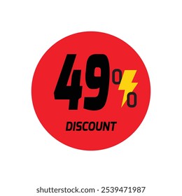 49% discount icon vector a red circular tag with and a yellow lightning bolt symbol.