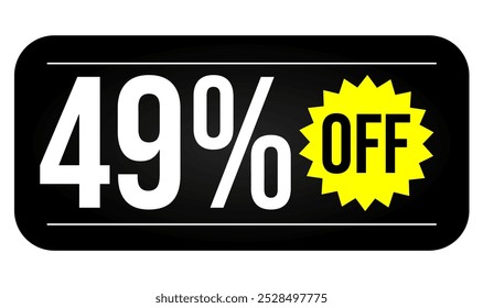 49% discount tag. Black, white and yellow rectangular shape, perfect for marketing promotions, commerce and retail sales