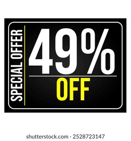 49% discount tag. Black, white and yellow rectangular shape, perfect for retail sales, commerce and 
marketing promotions