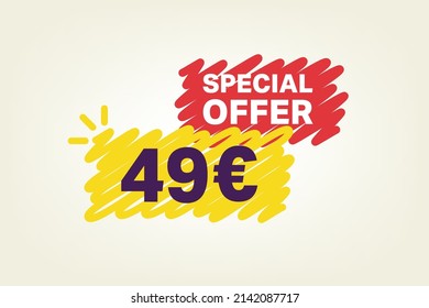 49 Euro OFF Sale Discount banner shape template. Super Sale Euro 49 Special offer badge end of the season sale coupon bubble icon. Modern concept design. Discount offer price tag vector illustration.