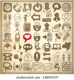 49 hand draw sketch communication element collection on grunge paper background, icons set