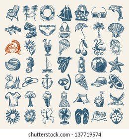 49 hand draw sketch summer icons collection