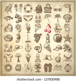49 hand draw sketch summer icons collection on grunge paper background
