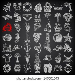 49 hand draw sketch summer icons collection on black background