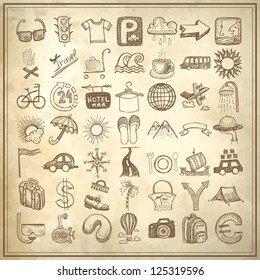 49 hand drawing doodle icon set on grunge paper background, travel theme