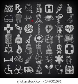 49 hand drawing doodle icon set, medical theme on black background