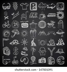 49 hand drawing doodle icon set, travel theme on black backgraund