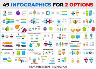 49 Infographics for 2 steps, options. Arrows elements, timelines. Presentation slide templates. Marketing or business, medicine and ecology. Circle chart diagrams. Covid-19 pandemic.