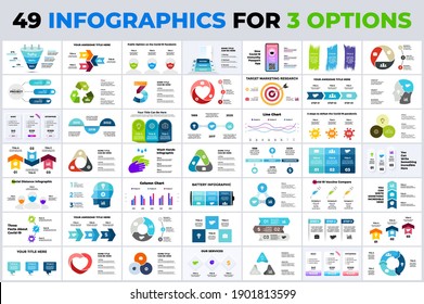 49 Infographics for 3 options. Arrows elements, timelines. Presentation slide templates. Marketing or business, medicine and ecology. Circle chart diagrams. Cycle options.