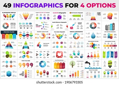 49 Infographics for 4 steps, options, processes. Huge presentation templates Bundle. Timelines, circle diagrams, charts and arrows elements.