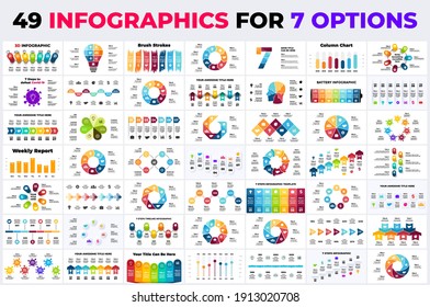 49 Infographics for 7 options. Presentation slide templates. Circle chart diagrams. Cycle options. Business report. Creative signs and symbols.