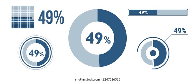 49 percent loading data icon set. Forty-nine circle diagram, pie donut chart, progress bar. 49% percentage infographic. Vector concept collection, blue color.