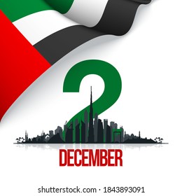 49 UAE National day banner with UAE flag. Holiday card for 2 december, 49 National day United Arab Emirates Spirit of the union. Design Anniversary Celebration Card with Dubai and Abu Dhabi silhouette