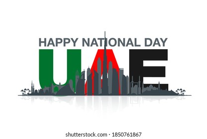 49 UAE National day banner with UAE flag. Holiday card for 2 december, 49 National day United Arab Emirates Spirit of the union. Design Anniversary Celebration Card with Dubai and Abu Dhabi silhouette