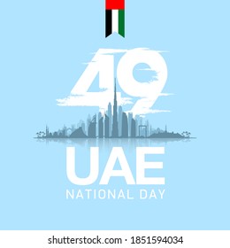 49 UAE National day festive banner with UAE flag. Holiday card for 2 december 49 National day United Arab Emirates Spirit of the union. Anniversary Celebration Card with Dubai and Abu Dhabi silhouette