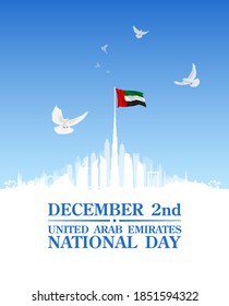 49 UAE National day festive banner with UAE flag. Holiday card for 2 december 49 National day United Arab Emirates Spirit of the union. Anniversary Celebration Card with Dubai and Abu Dhabi silhouette