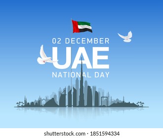 49 UAE National day festive banner with UAE flag. Holiday card for 2 december 49 National day United Arab Emirates Spirit of the union. Anniversary Celebration Card with Dubai and Abu Dhabi silhouette