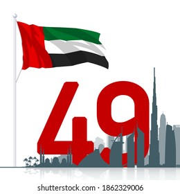 49 UAE translated from Arabic United Arab Emirates National day banner, Spirit of the union. Anniversary Celebration Card with with silhouette UAE cities skyscrapers and high-rises Abu Dhabi and Dubai