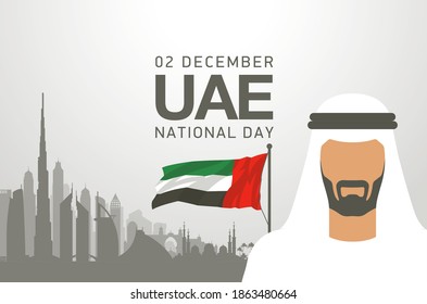 49 United Arab Emirates flag National day banner Spirit of the union logo. 49th anniversary Celebration Card with silhouette Abu dhabi and Dubai, Arab in the Kandura, UAE flag. Arab men wearing thawbs