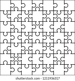 49 white puzzles pieces arranged in a square. Jigsaw Puzzle template ready for print. Cutting guidelines isolated on white