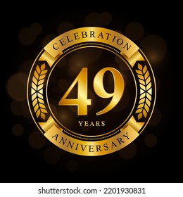 49 Year Anniversary celebration template design, with shiny ring and gold ribbon, laurel wreath isolated on black background, logo vector