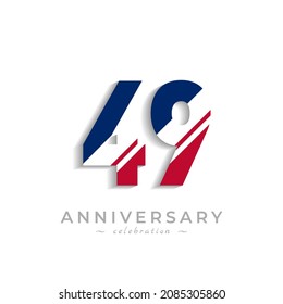 49 Year Anniversary Celebration with White Slash in Red and Blue American Flag Color. Happy Anniversary Greeting Celebrates Event Isolated on White Background