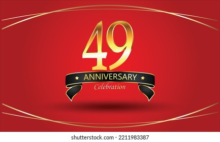 Anuncio de 49 años con antecedentes rojos.Cartel del 49 aniversario de oro. celebración del aniversario rojo. Aniversario dorado con cinta de oro