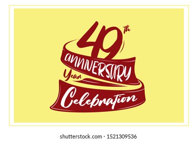 49 year anniversary Red Ribbon, minimalist logo, greeting card. Birthday invitation. 49 year sign. Red space vector illustration on yellow background - Vector